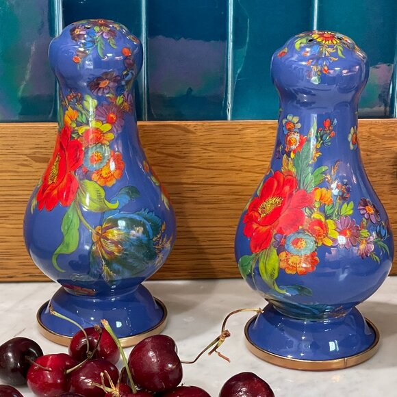 MacKenzie-Childs Large Blue Lapis Flower Market SALT AND PEPPER SHAKERS - Picture 1 of 11